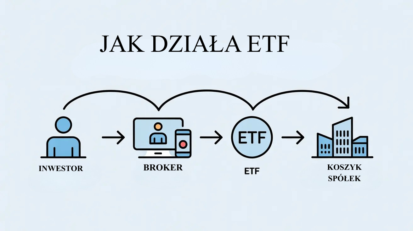 Schemat działania funduszu ETF – inwestor, rachunek maklerski, ETF i koszyk spółek. JAK DZIAŁA ETF